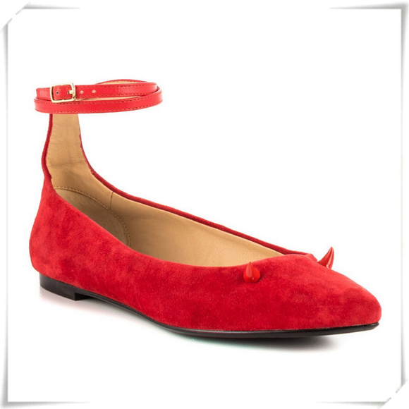 Taylor Says Shoes - Taylor Says Punk Goth Red Suede Ankle Strap Flats with Horns